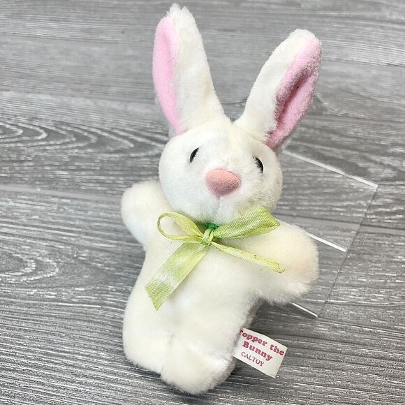 Vintage Caltoy Topper the White Bunny Rabbit Plush Green Bow Mini Stuffed Animal - Picture 1 of 12